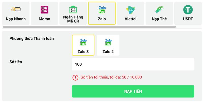 Nạp tiền qua ZaloPay